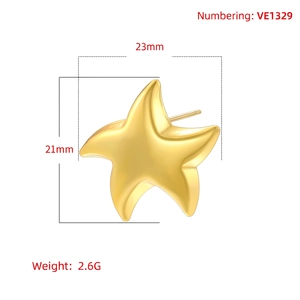 Polished 18K gold plated starfish stud earring measuring 21mm by 23mm in size