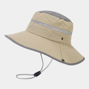 Detail of outdoor sun hat with breathable mesh panel and adjustable windproof strap