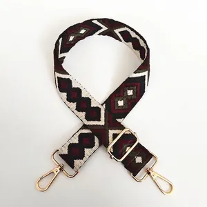 Macro detail of geometric jacquard bag strap #13 with premium gold metal swivel hooks