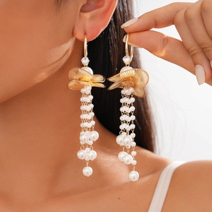 Hollow Lotus Leaf Long Tassel Earrings With Zircon Imitation Artificial Pearl And Silver Earring Post Elegant Jewelry For Women