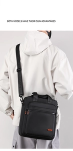 Vertical black business messenger bag worn by male model to show size and scale