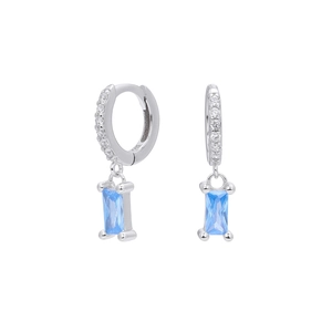 Macro detail of S925 sterling silver earrings with blue rectangle zircon gemstones