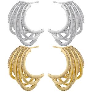 Retro Multi-Layer Hollow C-Shape Copper Hoop Earrings For Women With Pave Cubic Zirconia Vintage Style Jewelry