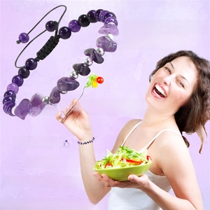 Detail of purple amethyst stretch bracelet with adjustable cord and hunger suppression text