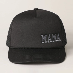Black MAMA embroidered trucker hat with breathable mesh back and adjustable sun protection