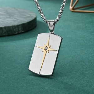 Brushed stainless steel rectangle pendant necklace with gold star and inset diamond