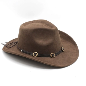 Classic American western cowboy hat in dark brown suede style with metal buckle belt