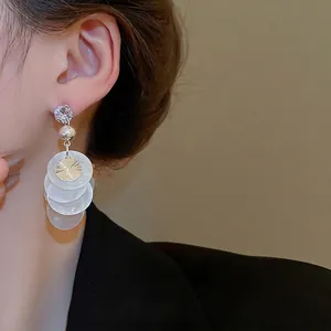 Elegant zircon tassel earrings with shell-style petals and silver needle for women