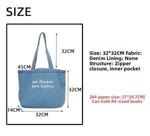 Schéma des dimensions du sac cabas en jean indiquant la taille 32x32cm et l'anse
