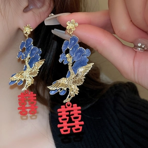 Boucles d'oreilles de mariée chinoises avec phénix émaillé et symbole Double Bonheur