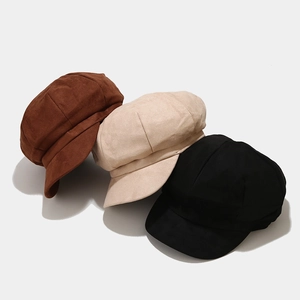British retro suede octagonal newsboy hats in brown, beige, and black for women