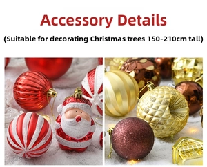 Detailed view of red and gold Christmas ornaments and Santa charms for 150-210cm trees