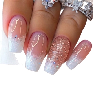 Long coffin press-on nails with pink white ombre gradient and rose gold glitter accents