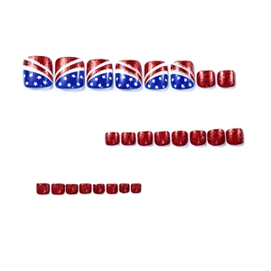 Short square press-on toenails with US flag stars stripes and red glitter design