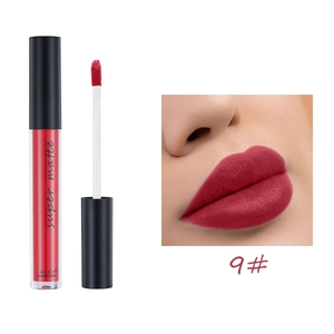 Matte liquid lipstick in deep red shade 9 with lip swatch and applicator detail