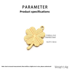 Detailed view of golden four-leaf clover pendant with 27x18mm dimensions and specifications