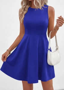 Detail of royal blue sleeveless A-line dress featuring a round neck and high waist design