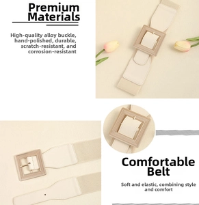 Detail of cream elastic belt showing square alloy buckle with textured finish and durable fabric