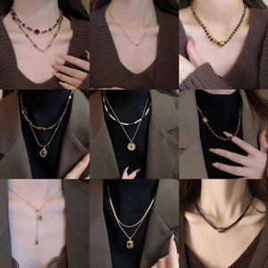 Tiger Eye Stone Pendant Necklace Copper Gold Plated Retro Beaded Clavicle Chain For Women Vintage Jewelry