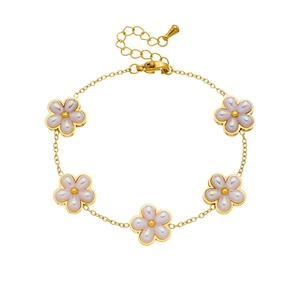 Gold plated stainless steel bracelet featuring pink pearl flower pendants for women