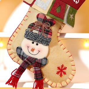 Large Christmas stocking with 3D snowman, red snowflake embroidery, and soft beige felt