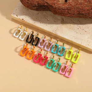 Colorful rectangular glazed earrings with gold micro-pave zircon clasps in various shades