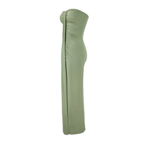 Side view of elegant green strapless maxi dress featuring detailed side ruching and slim fit