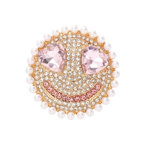 Sparkling smile face charm with pink heart eyes and white pearl border on gold base