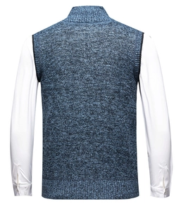 Rear view of men's dark blue knitted vest featuring a stand collar and business casual fit