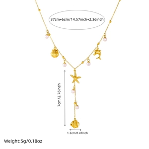 Gold ocean themed Y-necklace with starfish, shell and dolphin charms, 37+6cm length
