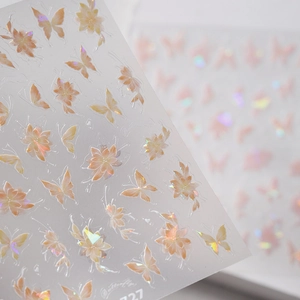 Laser gold butterfly nail stickers with iridescent floral patterns for DIY nail art design