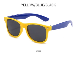 Detail of kids square sunglasses with yellow frame and blue temples at 45 degree angle