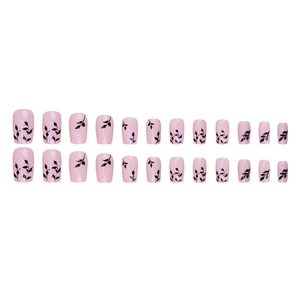 Pink minimalist fake nails with black leaf pattern, 24pcs press-on nail kit set