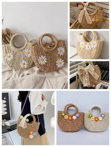Damen Mini Stroh Umhängetasche Gehäkelte Gänseblümchen Papierschnur Eimer Tasche Mit Kordelzug Für Sommer Strand Urlaub