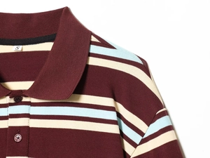 Detailed close-up of a striped polo shirt collar showing knit texture and button stitching