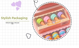 Detailed close-up of dessert-shaped creative erasers in beautiful gift box packaging