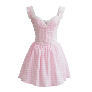 Pink plaid dress with V-neck, white lace trim and button detail in a flared short style