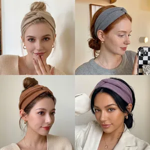 Elastisches Strick-Stirnband-Set in Khaki, Grau, Braun und Lila für Damen