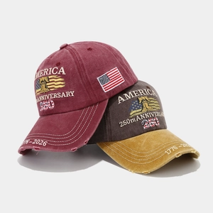 Detailed embroidery of America 250th Anniversary logo on vintage washed baseball caps