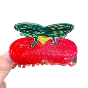 Hand-painted cherry hair claw clip with red fruit and green leaves design for women