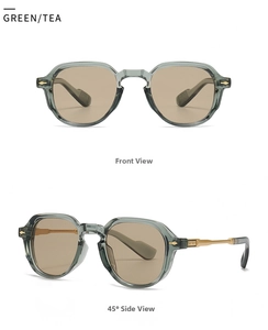 Detail view of retro small frame sunglasses with translucent green frame and gold metal temples
