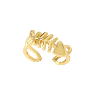 Polished gold fish bone open ring with a unique minimalist nautical design for women