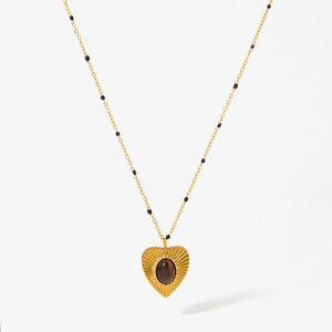 Collier cœur vintage avec pendentif pierre brune sur chaîne à billes or et noires