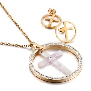 Stainless Steel Necklace And Earrings Round Tortoiseshell Resin Inlay Rhinestone Infinity Love Cross Dragonfly Fashion