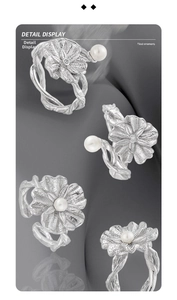 Detail display of S925 sterling silver floral ring with white pearl and twisted band