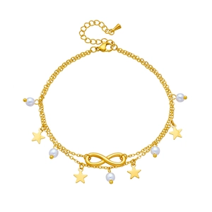 Double-layered gold anklet featuring infinity symbol, stars, and pearls on white background