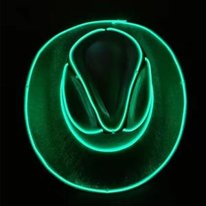 Macro shot of black cowboy hat featuring glowing green EL neon light strips on edges