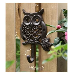 Detailed close-up of a vintage owl cast iron wall hook showing rustic bronze texture