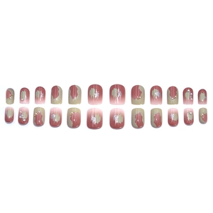 Pink pearl ombre press-on nails with silver glitter and bead accents in short square shape