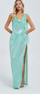 Detail of mint green sequin maxi dress featuring an elegant cowl neck and high slit design